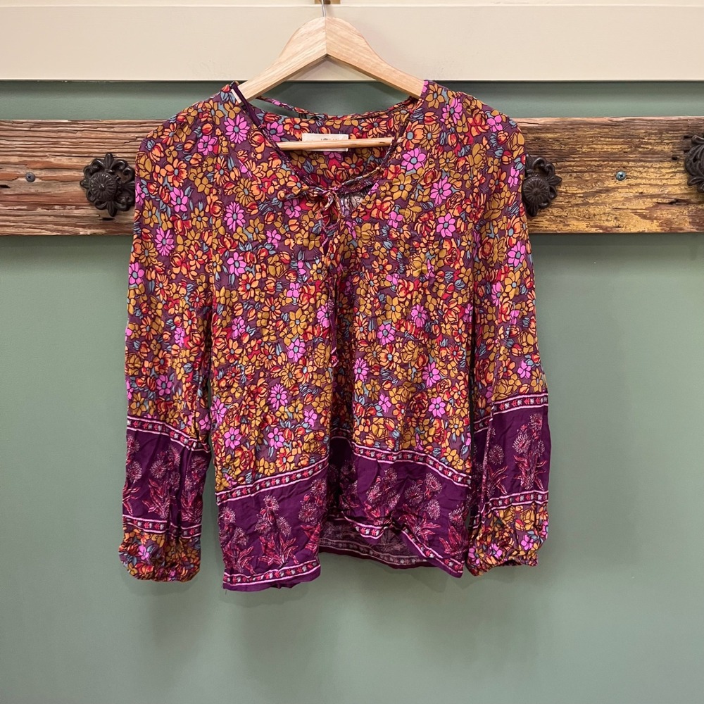 Natural Life Womens XS Purple Floral Rayon Long Sleeve Boho Peasant Blouse Top